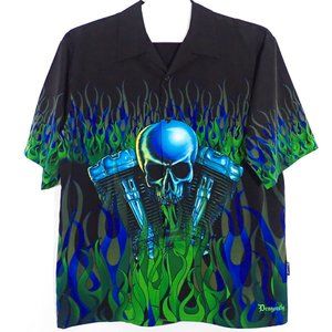 DRAGONFLY Men's 3XL Shirt/SS/RETRO/button down/MOTOR-HEAD skull/flames.